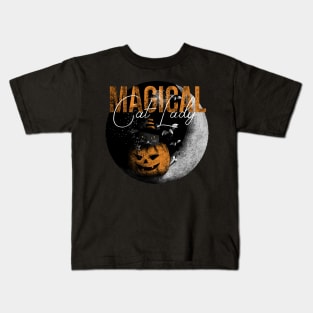 Magical Cat Lady On Vintage Halloween Pumpkin Kids T-Shirt